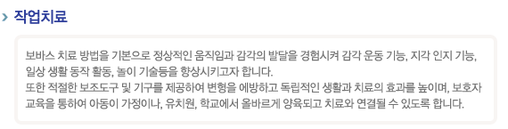 작업치료
보바스 치료 방법을 기본으로 정상적인 움직임과 감각의 발달을 경험시켜 감각 운동 기능, 지각 인지 기능,
일상 생활 동작 활동, 놀이 기술등을 향상시키고자 합니다.
또한 적정한 보조도구 및 기구를 제공하여 변형을 에방하고 독립적인 생활과 치료의 효과를 높이며, 보호자 
교육을 통하여 아동이 가정이나, 유치원, 학교에서 올바르게 양육되고 치료와 연결될 수 있도록 합니다.